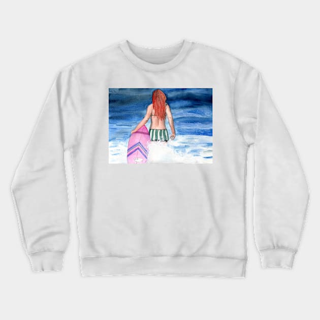 Red Haired Surfer Girl Crewneck Sweatshirt by Sandraartist